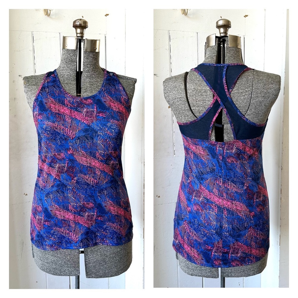 Reebok Activewear Geometric Print Mesh T-Strap Racerback Tank Top